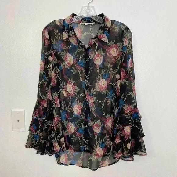 Seven7 Floral Black Ruffle Sheer Button Down Blouse - Picture 2 of 6